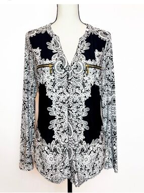INC Whimsigoth Lace Print Blouse Small NWOT Black White Zip Pocket Mob Wife